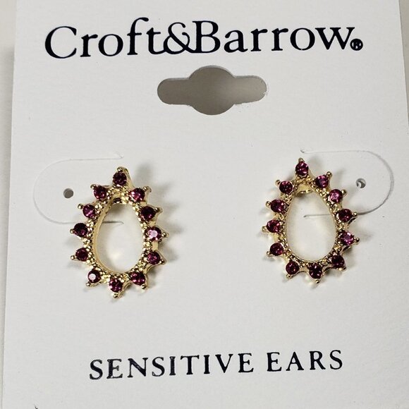 CROFT & BARROW, Women's Polished Gold-tone Hoop Pink Crystals Stud Earrings - Picture 3 of 8